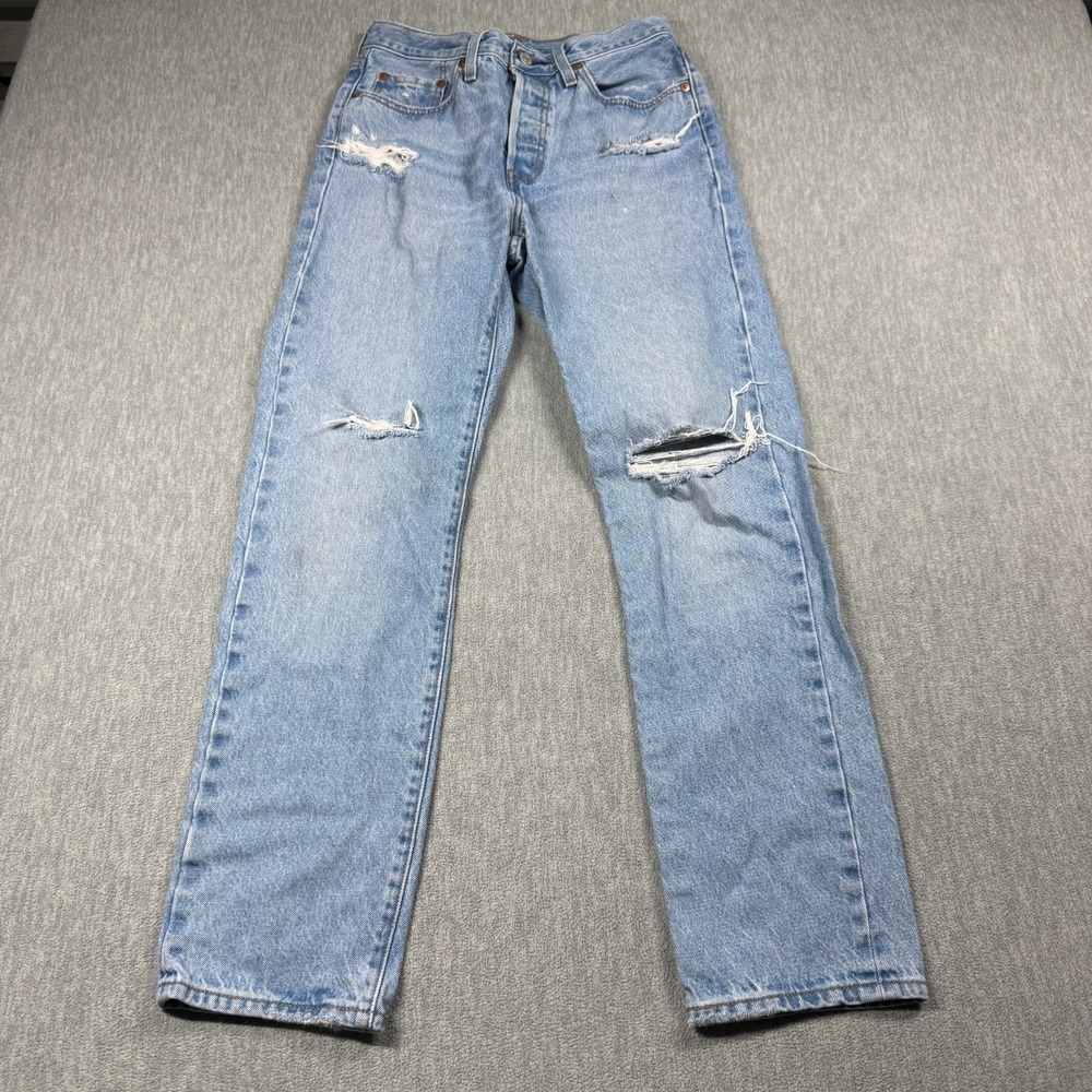 Levi's 501 Jeans Women W27 L30 Light Blue Straight Leg Ripped Distressed Denim